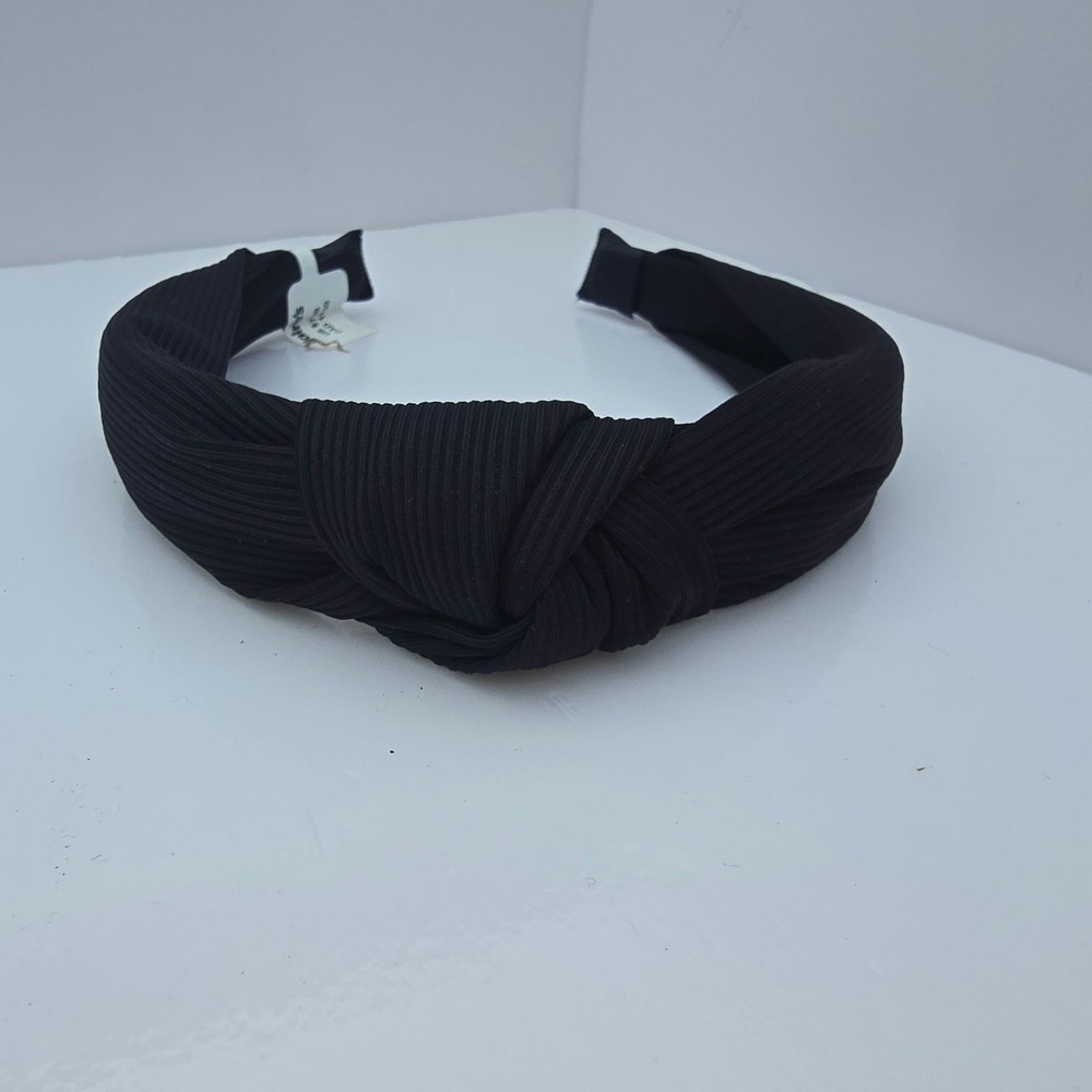 Knotted Headband Womens Black Ribbed Pleated Fabric Top Knot Hairband Wide Band